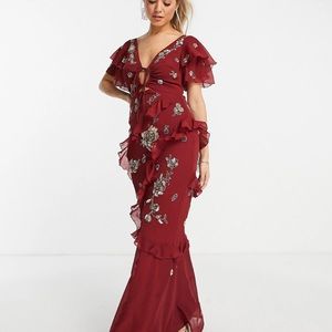 asos formal red sequined short sleeve maxi dress gown